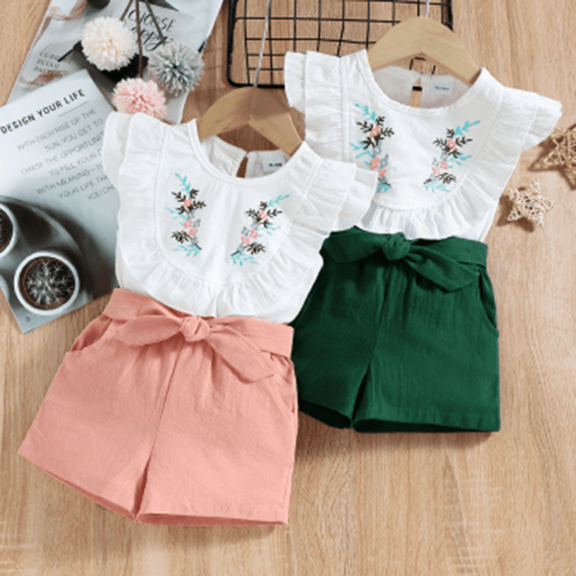 2 - piece Baby / Toddler Girl Pretty Floral Embroidery Top and Solid Shorts Sets - MomYom PK