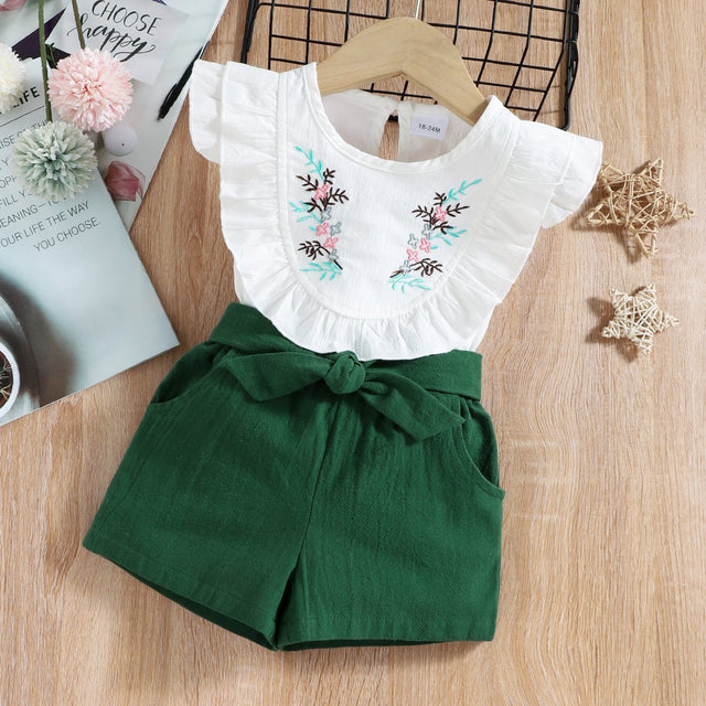 2 - piece Baby / Toddler Girl Pretty Floral Embroidery Top and Solid Shorts Sets - MomYom PK