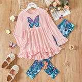 2 - piece Kid Girl Butterfly Print Ruffled Hem Long - sleeve Top and Leggings Set - MomYom PK