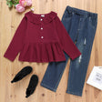 2 - piece Kid Girl Doll Collar Button Design Long - sleeve Burgundy Top and Elasticized Ripped Denim Jeans Set - MomYom PK