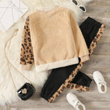 2 - piece Kid Girl Leopard Print Colorblock Fuzzy Pullover Sweatshirt and Fleece Lined Pants Casual Set - MomYom PK