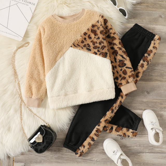 2 - piece Kid Girl Leopard Print Colorblock Fuzzy Pullover Sweatshirt and Fleece Lined Pants Casual Set - MomYom PK