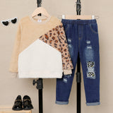 2 - piece Kid Girl Leopard Print Colorblock Fuzzy Pullover Sweatshirt and Fleece Lined Pants Casual Set - MomYom PK