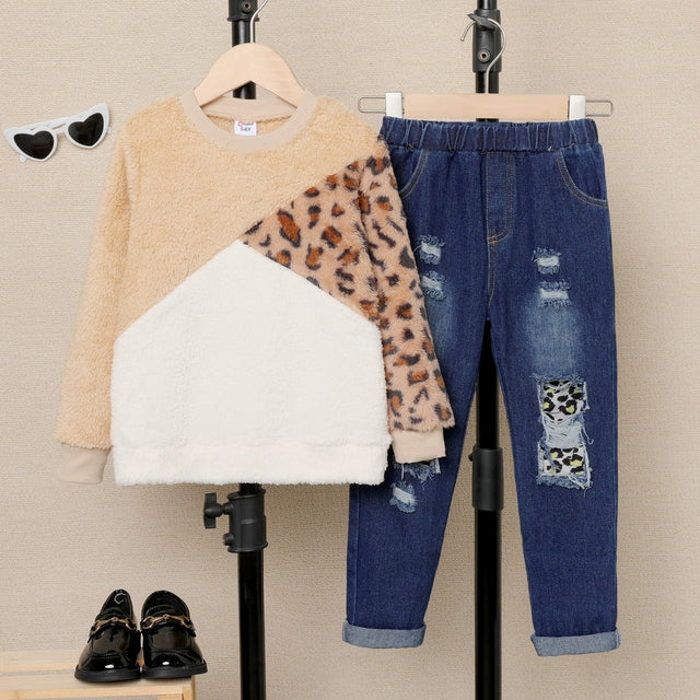 2 - piece Kid Girl Leopard Print Colorblock Fuzzy Pullover Sweatshirt and Fleece Lined Pants Casual Set - MomYom PK