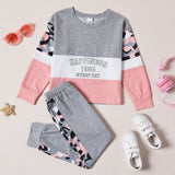 2 - piece Kid Girl Letter Camouflage Print Colorblock Long - sleeve Tee and Elasticized Pants Set - MomYom PK