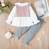 2 - piece Toddler Girl Doll Collar Tweed Splice Long - sleeve Top and Ripped Hem Denim Jeans Set - MomYom PK