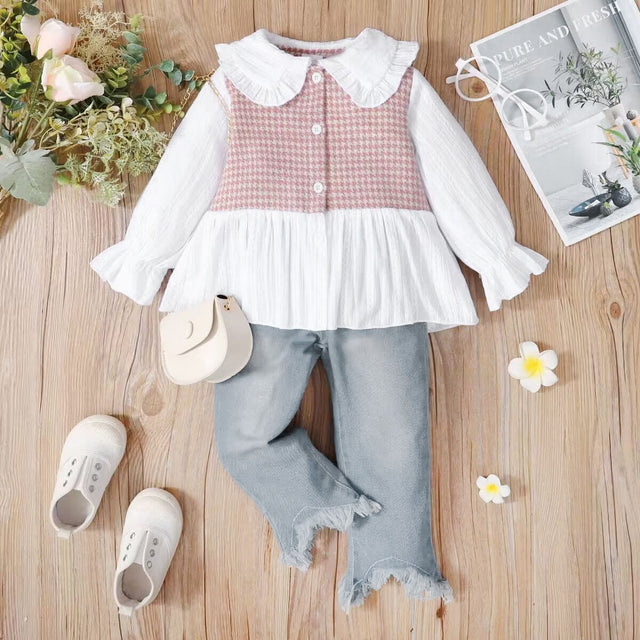 2 - piece Toddler Girl Doll Collar Tweed Splice Long - sleeve Top and Ripped Hem Denim Jeans Set - MomYom PK