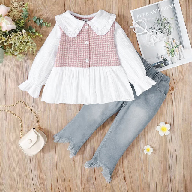 2 - piece Toddler Girl Doll Collar Tweed Splice Long - sleeve Top and Ripped Hem Denim Jeans Set - MomYom PK