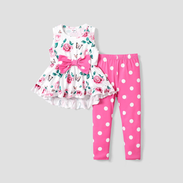 2 - piece Toddler Girl Floral Print Bowknot Design Ruffled High Low Sleeveless Tee and Polka dots Pants Set - MomYom PK