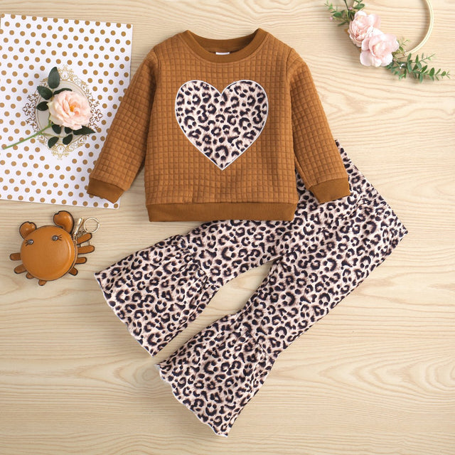 2 - piece Toddler Girl Heart Leopard Print Textured Pullover and Flared Pants Set - MomYom PK