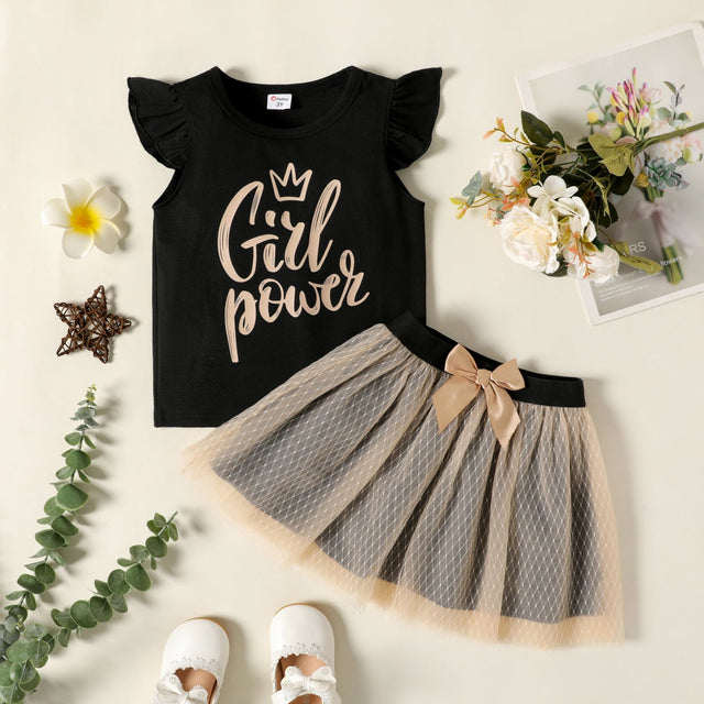 2 - piece Toddler Girl Letter Print Flutter - sleeve Black Tee and Bowknot Design Mesh Skirt Set - MomYom PK