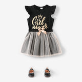 2 - piece Toddler Girl Letter Print Flutter - sleeve Black Tee and Bowknot Design Mesh Skirt Set - MomYom PK