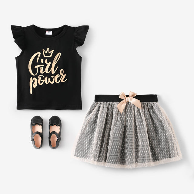 2 - piece Toddler Girl Letter Print Flutter - sleeve Black Tee and Bowknot Design Mesh Skirt Set - MomYom PK