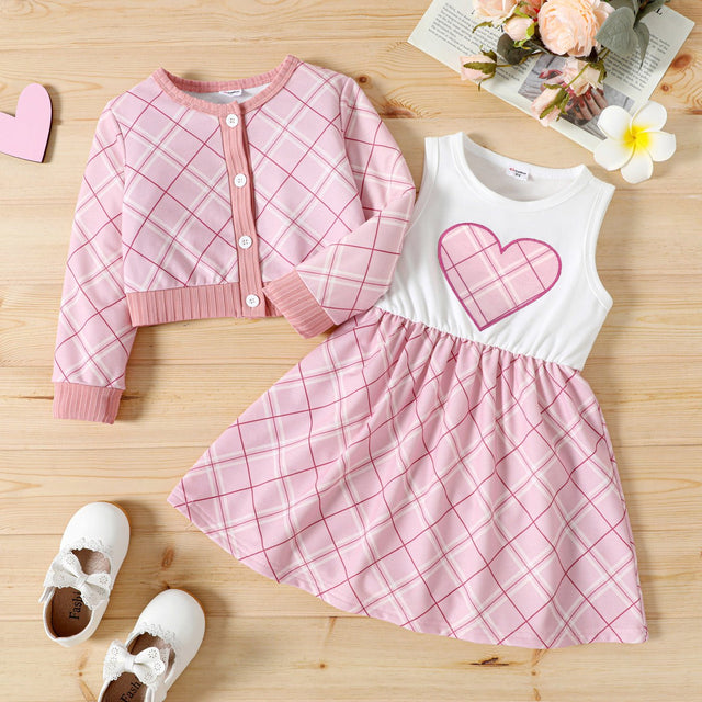 2 - piece Toddler Girl Plaid Long - sleeve Coat Cardigan and Heart Sleeveless Tank Dress Set - MomYom PK