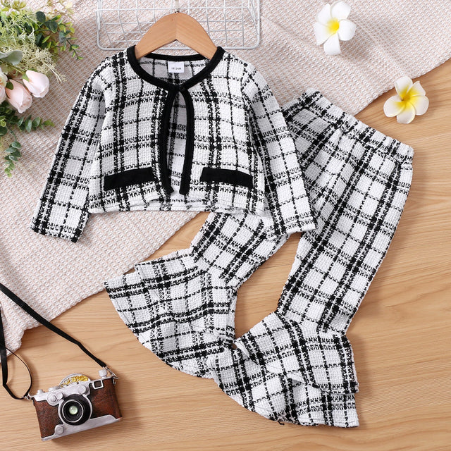 2 - piece Toddler Girl Plaid Tweed Cardigan and Layered Flared Pants Set - MomYom PK