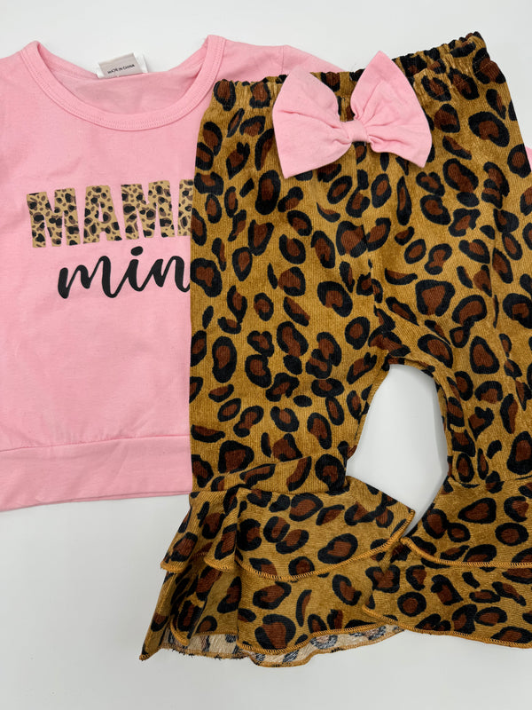 3pcs Baby Girl Letter Print Long-sleeve Top and Leopard Flared Pants Set