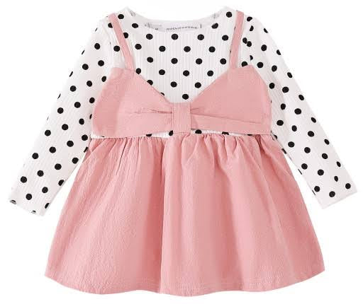 Baby Girl Polka Dots Ribbed Long-sleeve Bowknot Faux-two Dress