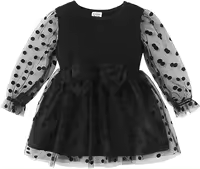 Baby Girl Black Polka Dot Mesh Long-sleeve Bow Front Dress