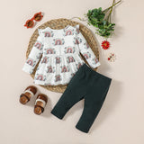 2pcs Baby Girl Allover Rainbow Print Ruffle Long-sleeve Top and Ribbed Solid Pants Set