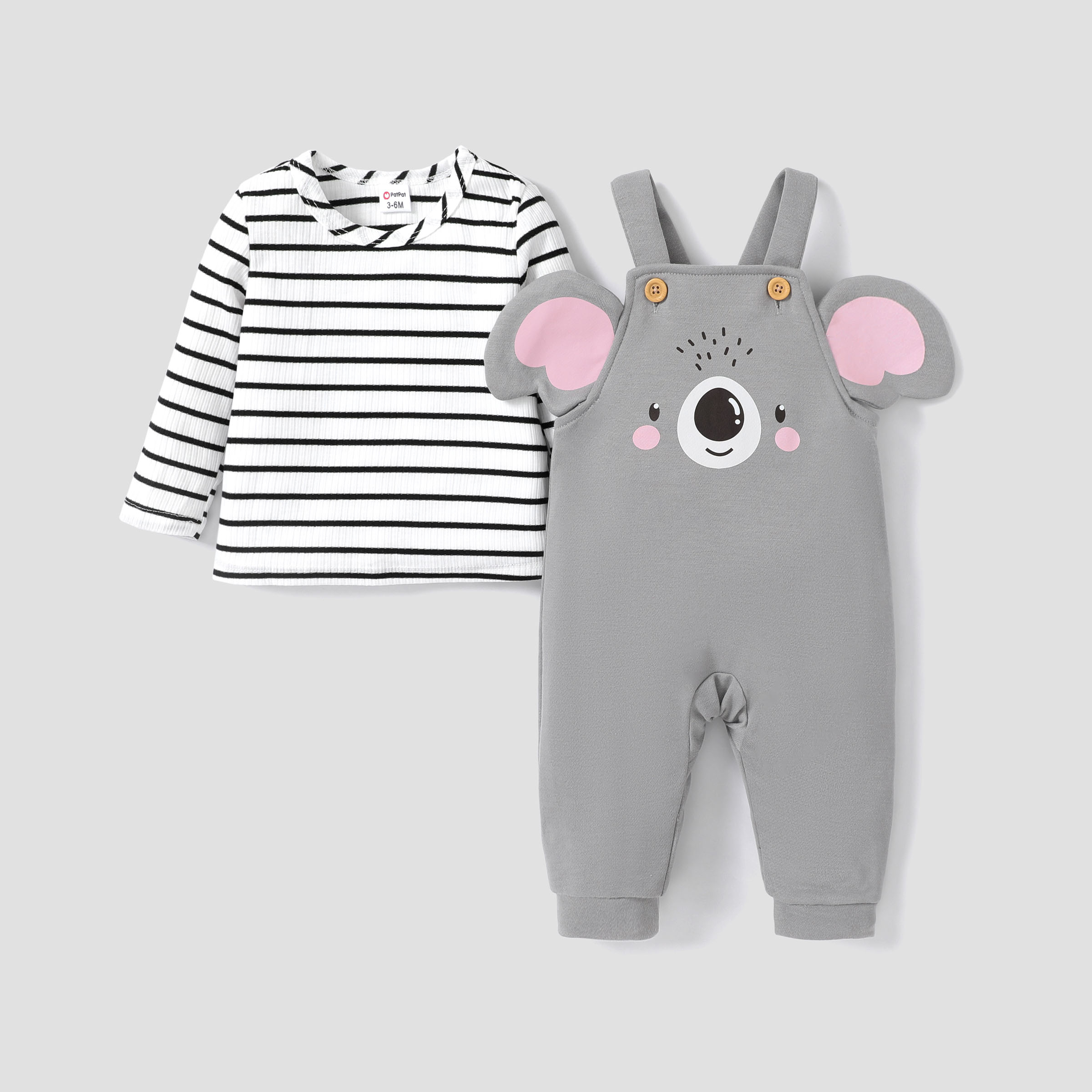 2pcs Baby Boys/Girls Childlike Long Sleeve Top and Hanging Strap and Elephant Pattern Overalls Set