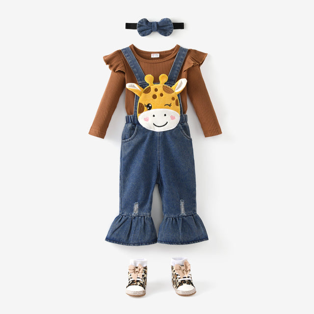 2pc Baby Girl Childlike 3D Giraffe Animal print 95% Cotton Top and Denim Jean Set - MomYom PK