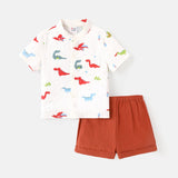 2pcs Baby Boy 100% Cotton Short - sleeve Allover Dinosaur Print Shirt and Solid Shorts Set - MomYom PK