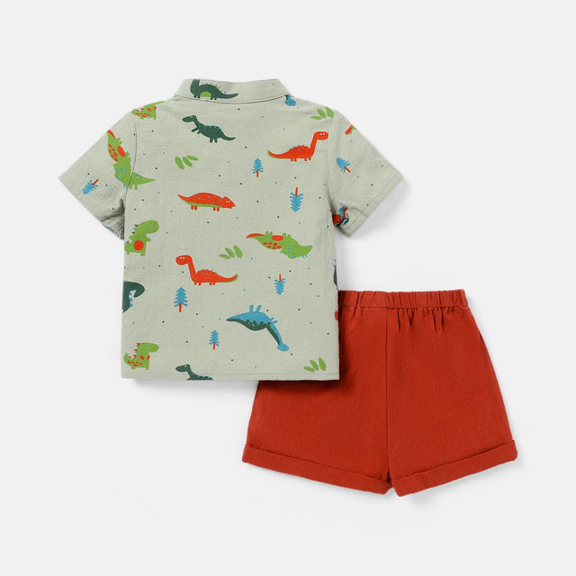 2pcs Baby Boy 100% Cotton Short - sleeve Allover Dinosaur Print Shirt and Solid Shorts Set - MomYom PK