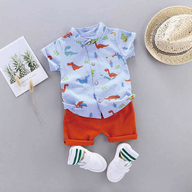 2pcs Baby Boy 100% Cotton Short - sleeve Allover Dinosaur Print Shirt and Solid Shorts Set - MomYom PK