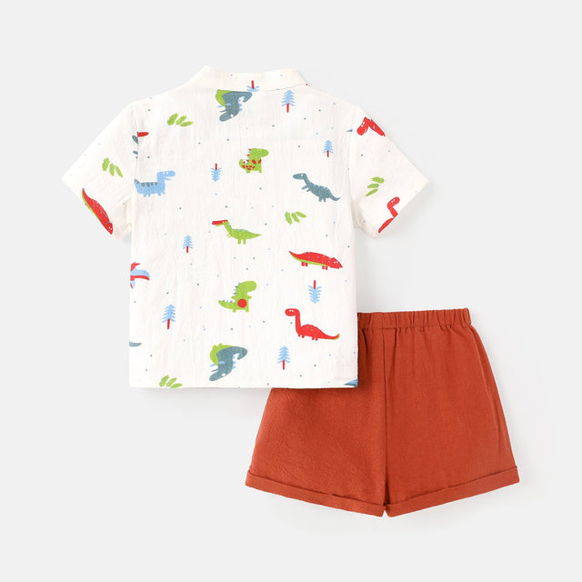 2pcs Baby Boy 100% Cotton Short - sleeve Allover Dinosaur Print Shirt and Solid Shorts Set - MomYom PK