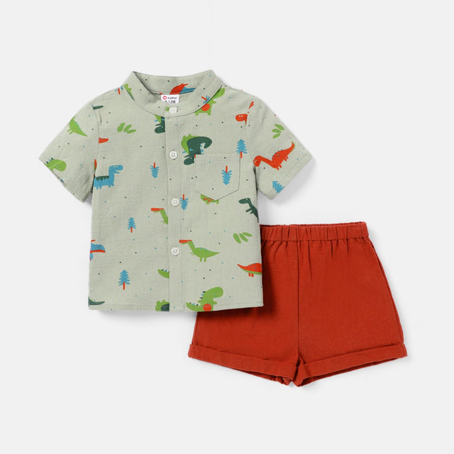 2pcs Baby Boy 100% Cotton Short - sleeve Allover Dinosaur Print Shirt and Solid Shorts Set - MomYom PK