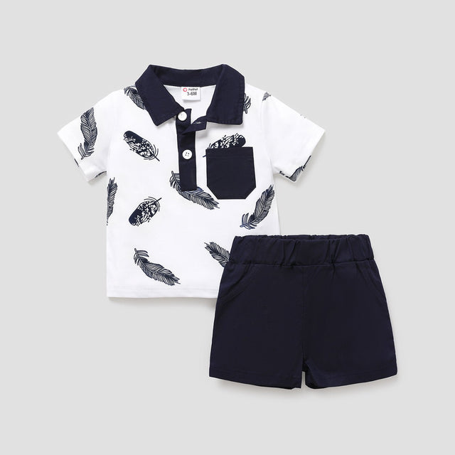 2pcs Baby Boy 100% Cotton Solid Shorts and Allover Feather Print Contrast Collar Short - sleeve Polo Shirt Set - MomYom PK