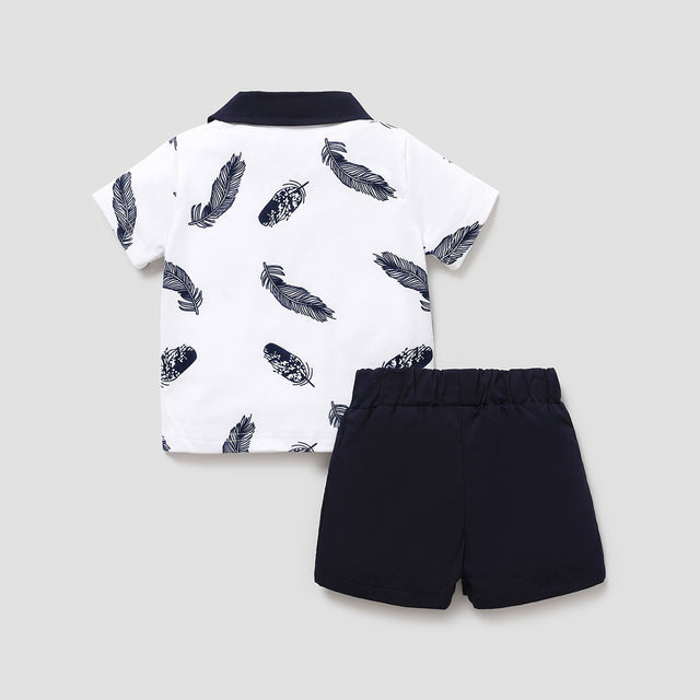 2pcs Baby Boy 100% Cotton Solid Shorts and Allover Feather Print Contrast Collar Short - sleeve Polo Shirt Set - MomYom PK