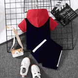 2pcs Baby Boy 95% Cotton Hooded Short - sleeve Colorblock Top & Shorts Set - MomYom PK