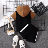 2pcs Baby Boy 95% Cotton Hooded Short - sleeve Colorblock Top & Shorts Set - MomYom PK