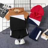 2pcs Baby Boy 95% Cotton Hooded Short - sleeve Colorblock Top & Shorts Set - MomYom PK