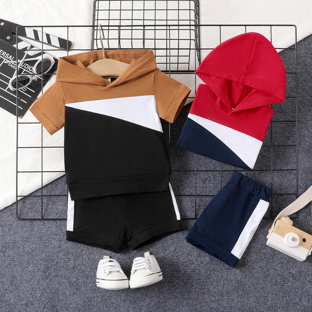 2pcs Baby Boy 95% Cotton Hooded Short - sleeve Colorblock Top & Shorts Set - MomYom PK