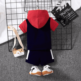 2pcs Baby Boy 95% Cotton Hooded Short - sleeve Colorblock Top & Shorts Set - MomYom PK