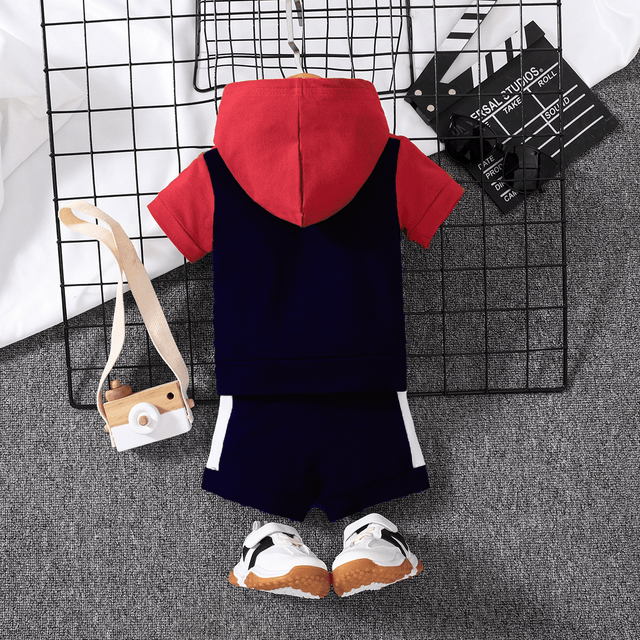 2pcs Baby Boy 95% Cotton Hooded Short - sleeve Colorblock Top & Shorts Set - MomYom PK
