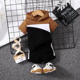 2pcs Baby Boy 95% Cotton Hooded Short - sleeve Colorblock Top & Shorts Set - MomYom PK