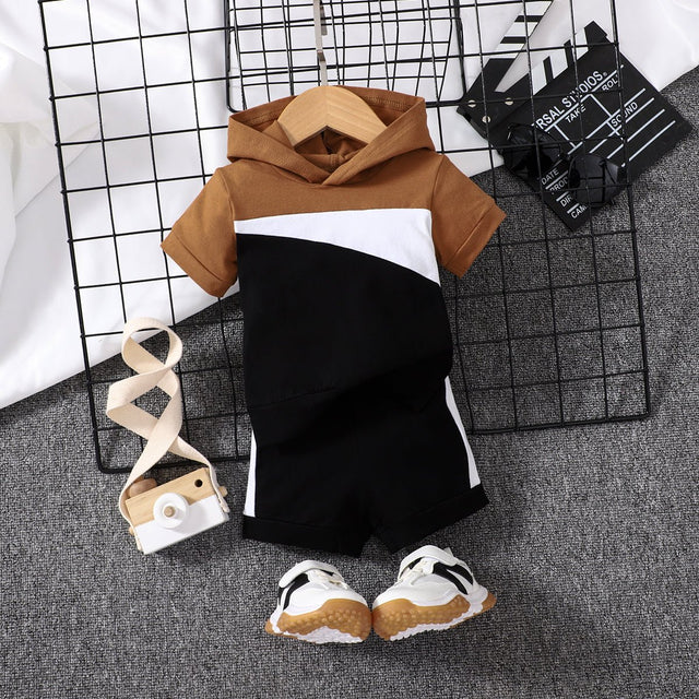 2pcs Baby Boy 95% Cotton Hooded Short - sleeve Colorblock Top & Shorts Set - MomYom PK