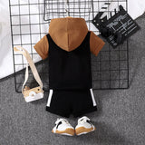 2pcs Baby Boy 95% Cotton Hooded Short - sleeve Colorblock Top & Shorts Set - MomYom PK