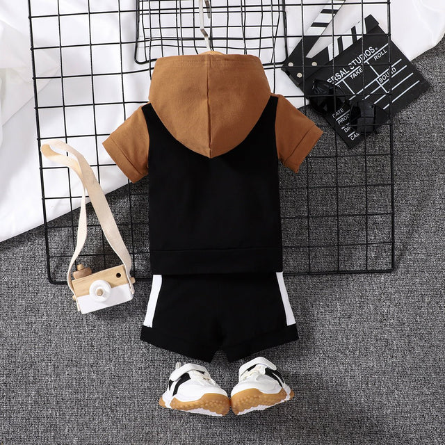 2pcs Baby Boy 95% Cotton Hooded Short - sleeve Colorblock Top & Shorts Set - MomYom PK