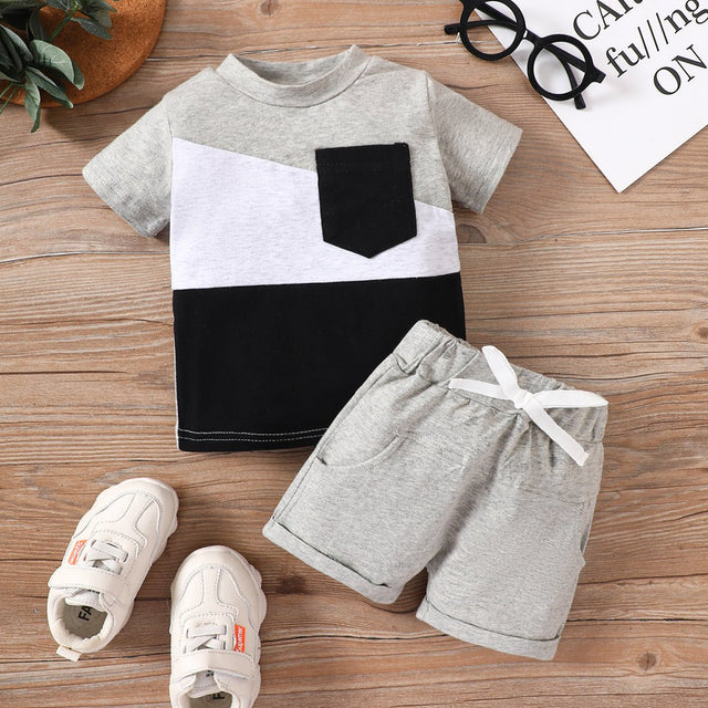 2pcs Baby Boy 95% Cotton Pocket Short - sleeve Tee and Elasticized Shorts Set - MomYom PK