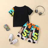 2pcs Baby Boy 95% Cotton Short - sleeve Letter Print Black Splicing T-shirt and Shorts Set - MomYom PK