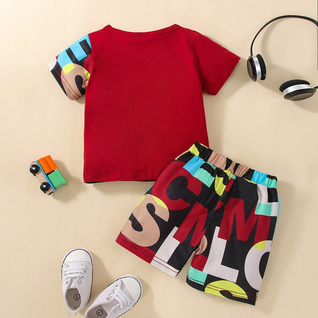 2pcs Baby Boy 95% Cotton Short - sleeve Letter Print Black Splicing T-shirt and Shorts Set - MomYom PK