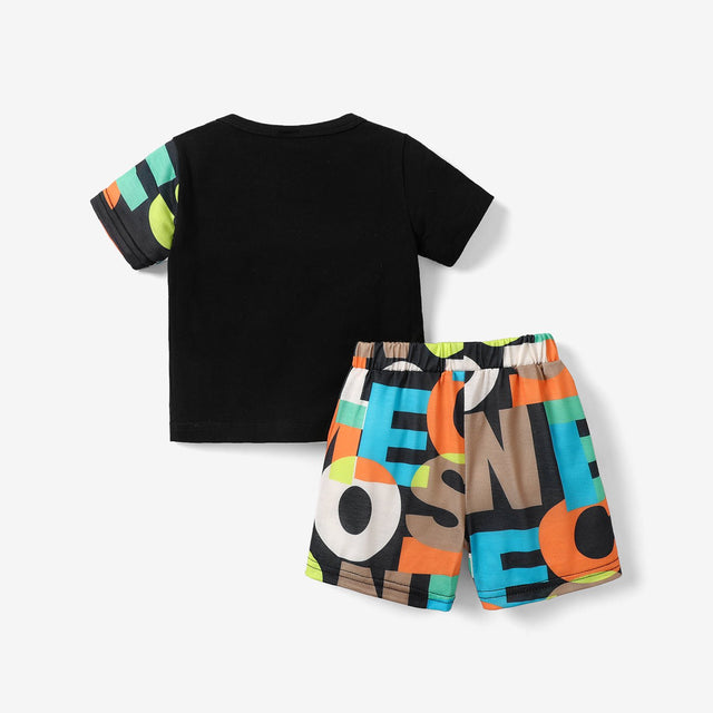 2pcs Baby Boy 95% Cotton Short - sleeve Letter Print Black Splicing T-shirt and Shorts Set - MomYom PK