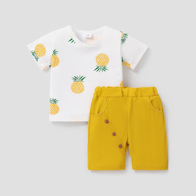 2pcs Baby Boy 95% Cotton Short - sleeve Pineapple Print Tee and Solid Shorts Set - MomYom PK