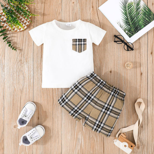 2pcs Baby Boy 95% Cotton Short - sleeve Tee and Plaid Shorts Set - MomYom PK