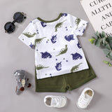 2pcs Baby Boy All Over Dinosaur Print Short - sleeve Tee and Solid Shorts Set - MomYom PK