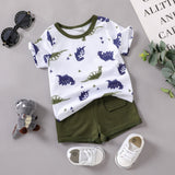 2pcs Baby Boy All Over Dinosaur Print Short - sleeve Tee and Solid Shorts Set - MomYom PK